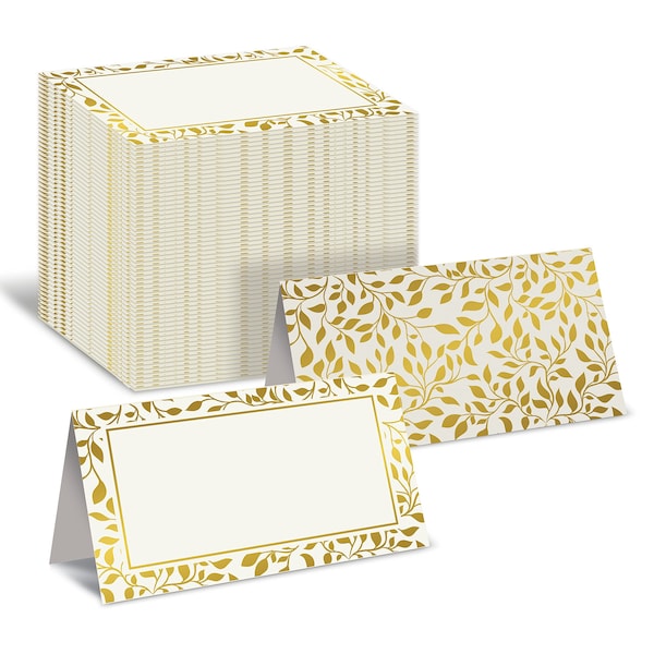 Better Office Products Place Cards, 2in. x 3.5in. White W/Metallic Gold Leaf Foil Border, Folded Table Tent Cards, 100PK 64645 - main